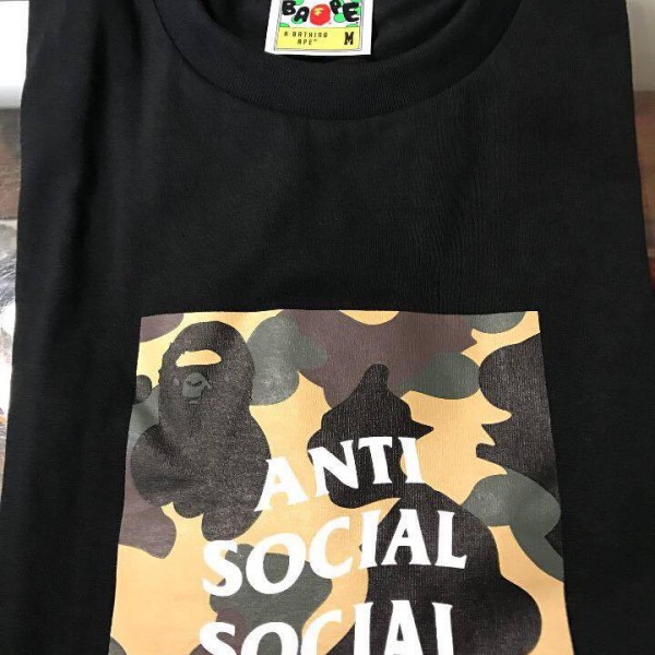 2017 Bape x Anti Social Social Club Black Tee Yellow Camo