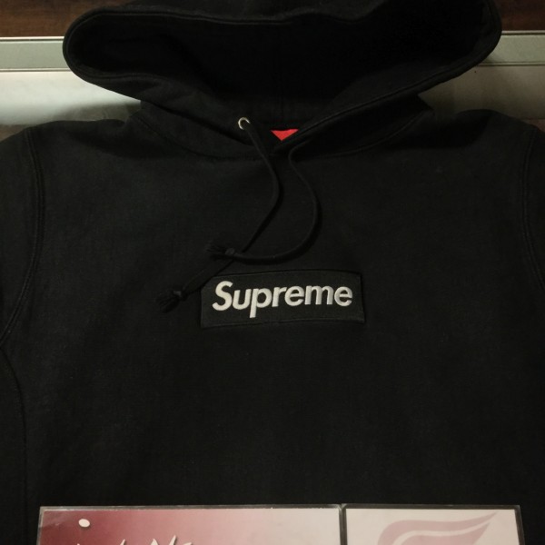 2016 Sup Box Logo Hooded Sweatshirt Black Torn Stitching