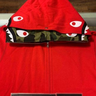 2018 Bape 2ND Double Shark Wide PONR Full Zip Double Hoodie Red