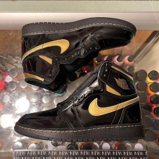 2021 Nike Air Jordan I Patent Black Metallic Gold Youth