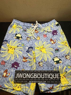 2024 Jwong Pokemon Pikachu Blue Bed Sheet Printed Custom Men Shorts