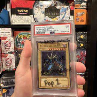 2002 Yu Gi Oh LOB #000 Tri Horned Dragon Ultra Rare Name Error PSA 7 Near Mint Pop 1